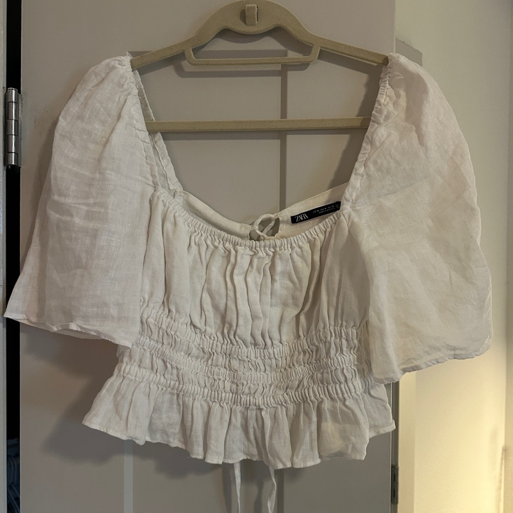 Zara White Puff Sleeve Smocked Peplum Blouse